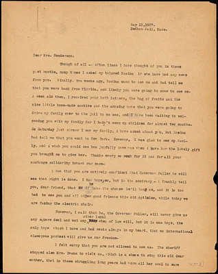 Nicola Sacco typed letter (copy) to [Jessica] Henderson, Dedham, 15 May 1927