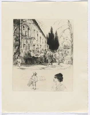 Frédéric Mistral: Mémoires et Recits by Frédéric Mistral: figures at outdoor table/ man playing drum and bust of a woman (insert after p. 136)