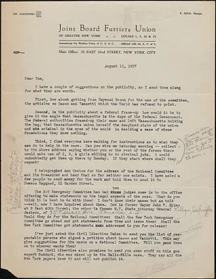 Helen Black (Joint Board Furriers Union) typed letter signed to Tom [O'Connor] (Citizens National Committee), New York, N. Y., August 12, 1927