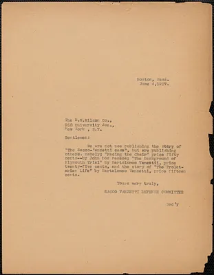 Sacco-Vanzetti Defense Committee typed note to the H. W. Wilson Company, Boston, Mass., June 4, 1927