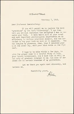 Adler, I. (Isaac), 1849-1918 typed letter signed to Hugo Münsterberg, New York, 07 February 1913