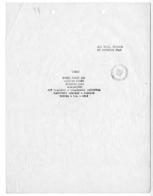 Menu for President Harry S. Truman's  Visit to Key West, Florida