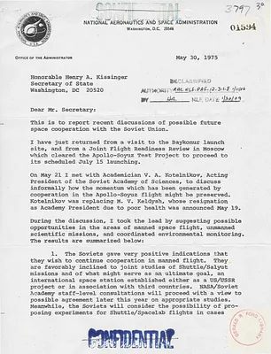 Letter from George Low to Secretary of State Henry Kissinger, Regarding Possible Future Space Cooperation with the Soviet Union