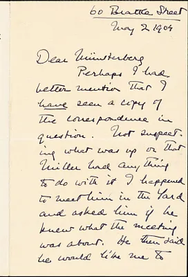Santayana, George, 1863-1952 autograph letter signed to Hugo Münsterberg, Cambridge, Mass., 02 May 1904