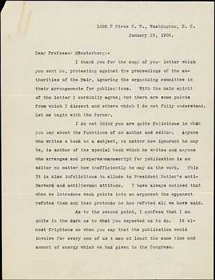 Newcomb, Simon, 1835-1909 typed letter signed to Hugo Münsterberg, Washington, 19 January 1905