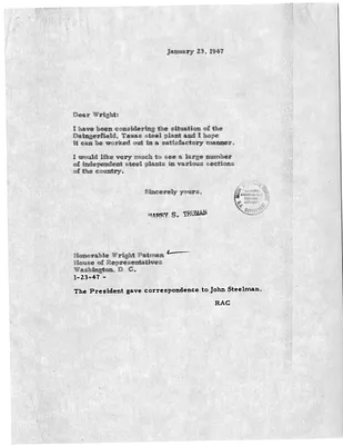 Letter from President Harry S. Truman to Congressman Wright Patman