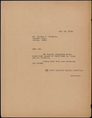 Sacco-Vanzetti Defense Committee typed letter (copy) to William G. Thompson, Boston, Mass., October 26, 1925
