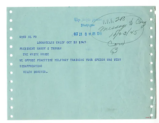 Telegram from Helen Boucher to President Harry S. Truman