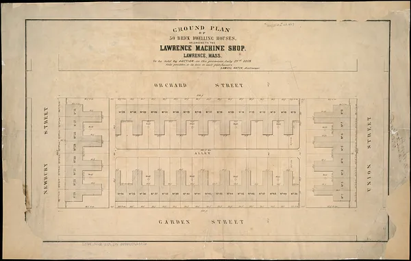 Ground plan of 50 brick dwelling houses, belonging to the Lawrence Machine Shop, Lawrence, Mass