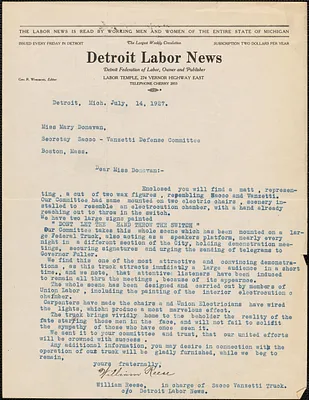 William Reese (Detroit Labor News) typed letter signed to Mary Donovan, Detroit, Mich., July 14, 1927