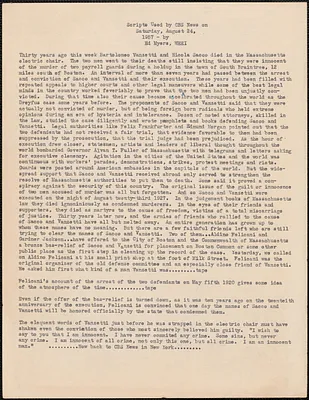 Ed Myers (WEEI) typed script, [Boston, Mass.], August 24, 1957