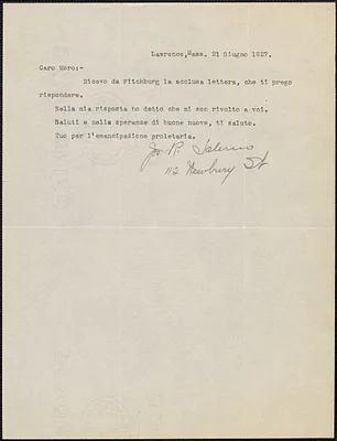 Joseph R. Salerno typed note signed, in Italian, to Joseph Moro, Lawrence, Mass., June 21, 1927