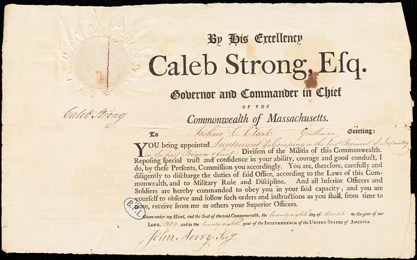 Commission to Joshua C. Clark as lieutenant in the 1st Regiment of Infantry