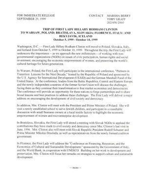 FLOTUS Foreign Trips [Binder]: [1999 Press Release & Schedule--Poland, Slovakia, Italy, & Iceland October 4-10]