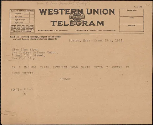 Roland ("Curley") Daniles telegram to Bina Flynn, Boston, Mass., March 25, 1922