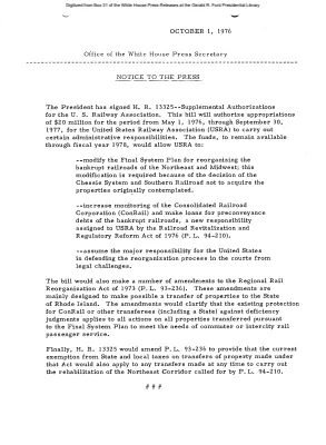 President signed H.R. 13325 - Supplemental Authorizations for the U.S. Railway Association [Signing Statements and Announcements]