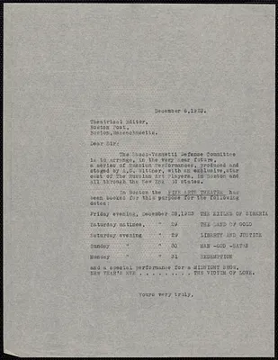 Sacco-Vanzetti Defense Committee typed letter (copy) to Theatrical Editor, Boston Post, December 6, 1923
