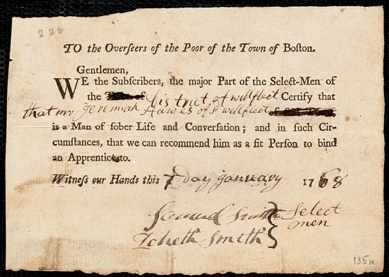 William Smith indentured to apprentice with Jeremiah Hawes of Wellfleet, 11 March 1768