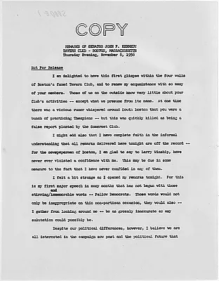 Remarks of Senator John F. Kennedy, Tavern Club Boston, Massachusetts November 8, 1956