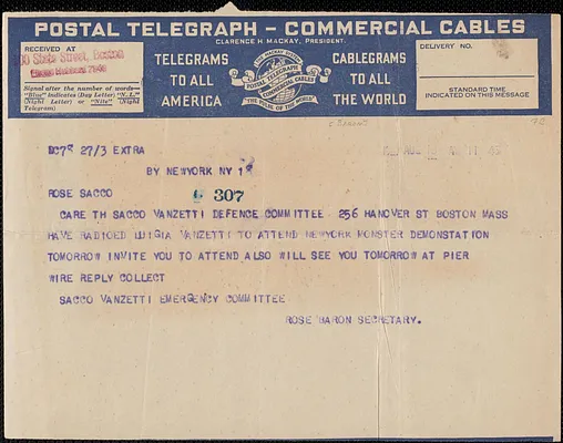 Rose Baron telegram to Rose Sacco, New York, N. Y., August 28, 1927
