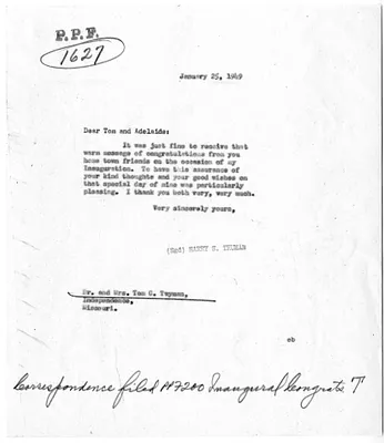 Letter from President Harry S. Truman to Dr. Tom and Adelaide Twyman