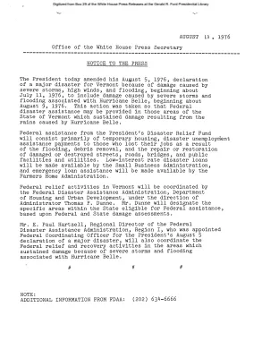 Amendment of disaster declaration of disaster for Vermont because of severe storms, high winds, and flooding [Disaster Declaration]