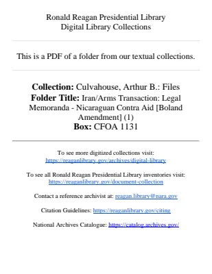 Iran/Arms Transaction: Legal Memoranda - Nicaraguan Contra Aid [Boland Amendment]