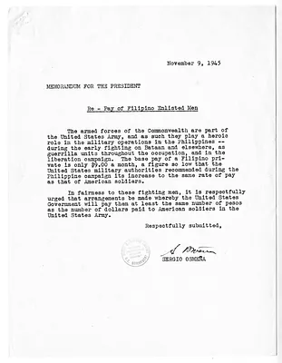 Memorandum from President of the Philippines Sergio Osmena to President Harry S. Truman