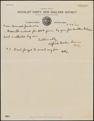 Alfred Baker Lewis (Socialist Party, New England District) autograph note signed to Gardner Jackson, Boston, Mass., August 24, 1927