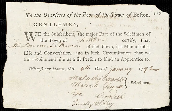 Samuel Whitemore indentured to apprentice with Lazarus LeBaron of Sutton, 14 February 1792