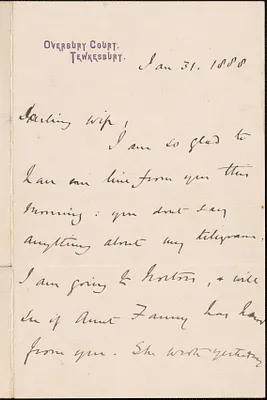 [John Biddulph Martin] autograph note to [Victoria Woodhull Martin], Tewkesbury, [England], January 31, 1888