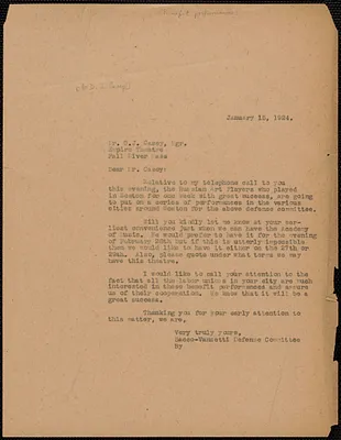 Sacco-Vanzetti Defense Committee typed letter (copy) D.J. Casey (Empire Theatre), Boston, Mass., January 15, 1924
