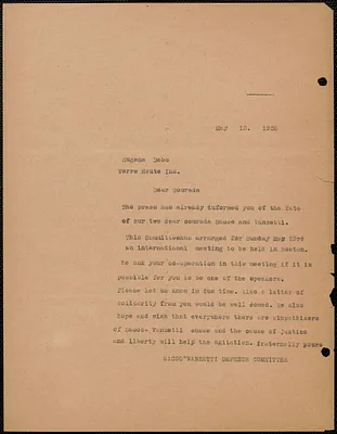 Sacco-Vanzetti Defense Committee typed letter (copy) to Eugene V. Debs, Boston, Mass., May 15, 1926
