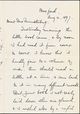 Palmer, George Herbert, 1842-1933 autograph letter signed to Hugo Münsterberg, Boxford, Mass., 04 August 1897