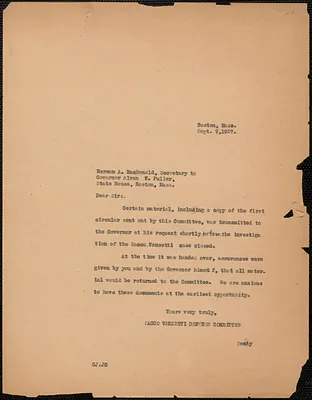 Gardner Jackson (Sacco-Vanzetti Defense Committee) typed letter (copy) to Herman A. MacDonald (Executive Office. Commonwealth of Massachusetts), Boston, Mass., September 9, 1927