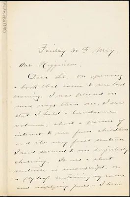 Sarah S. Jacobs autograph letter signed to Thomas Wentworth Higginson, 30 May 1884