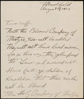 Mildred W. Gutterson autograph letter signed to [Sacco-Vanzetti Defense Committee], Marshfield, [Mass.], August 14, 1927