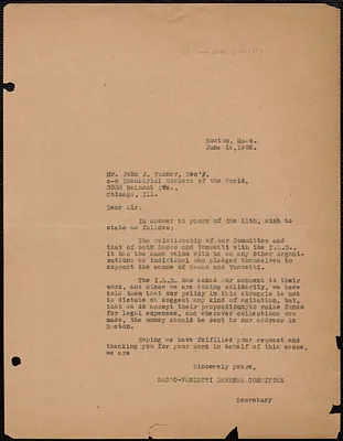 Sacco-Vanzetti Defense Committee typed letter (copy) to John J. Turner (Industrial Workers of the World), Boston, Mass., June 14, 1926
