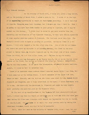 Bartolomeo Vanzetti typed letter (copy) to Mary Donovan, [Charlestown], 3 April 1927