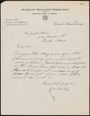 Joseph Mentony (Jugoslav Socialist Federation of the Socialist Party of America) autograph note signed to Joseph Moro, Detroit, Mich., June 29, 1927