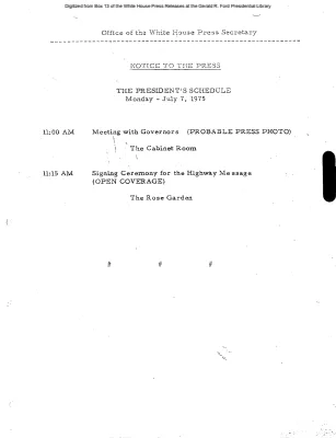President's Schedule, Monday, July 7, 1975