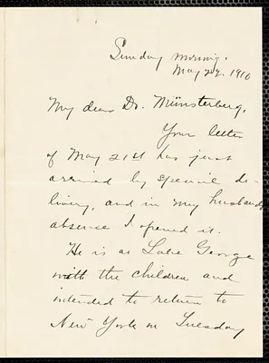 Jelliffe, Helena Dewey Leeming, 1868?-1916 autograph letter signed to Hugo Münsterberg, New York, 22 May 1910