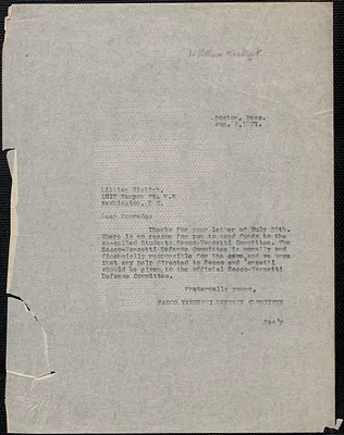 Sacco-Vanzetti Defense Committee typed note (copy) to Lillian Kisliuk, Boston, Mass., August 5, 1927