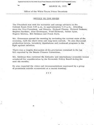President's meeting with his economic and energy advisors [Notice to Press]
