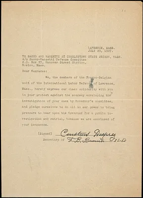 Franco-Belgian Unit of the International Labor Defense of Lawrence printed letter signed to [Nicola] Sacco and [Bartolomeo] Vanzetti, Lawrence, Mass., 29 July 1927
