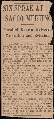 Newspaper clipping, [Boston, Mass.], August 1932]: Six speak at Sacco meeting
