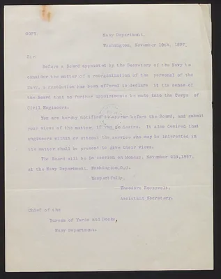 Letter from Theodore Roosevelt, Assistant Secretary of the Navy, to the Chief of the Bureau of Yards and Docks of the Navy Department