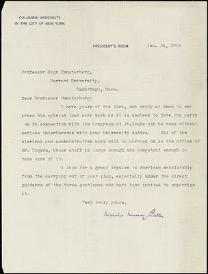 Butler, Nicholas Murray, 1862-1947 typed letter signed to Hugo Münsterberg, New York, 24 January 1903