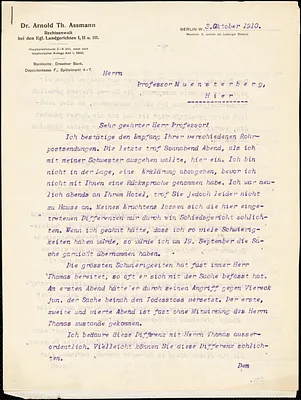 Assmann, Arnold Th., fl 1910. typed letter signed to Hugo Münsterberg, Berlin, 03 October 1910