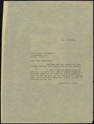 Sacco-Vanzetti Defense Committee typed letter (copy) to Alice Stone Blackwell, Boston, Mass., November 22, 1926